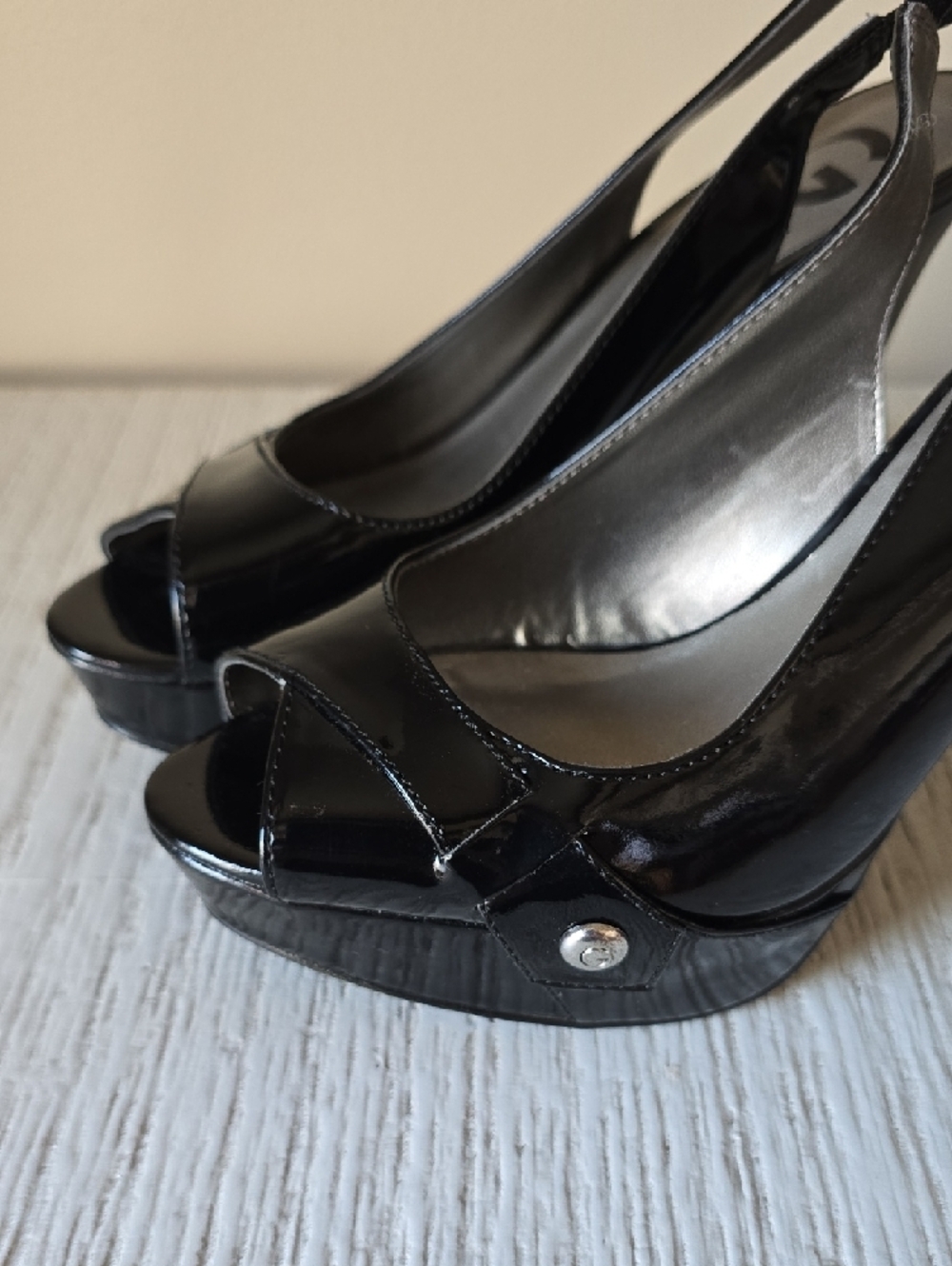 G by Guess Black Patent Peep-Toe Slingback Wedges - Picture 10 of 10